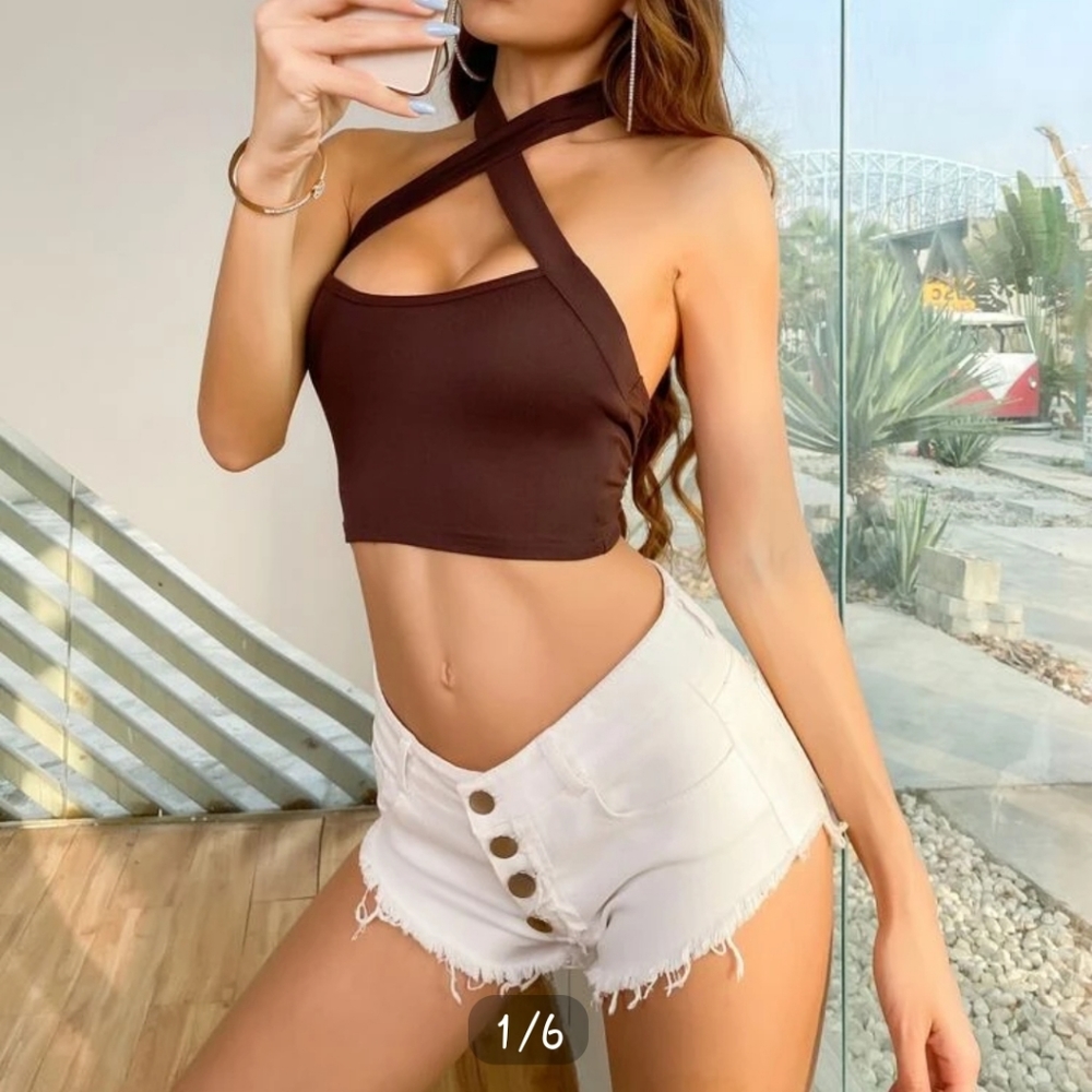 Criss-cross backless crop halter top
